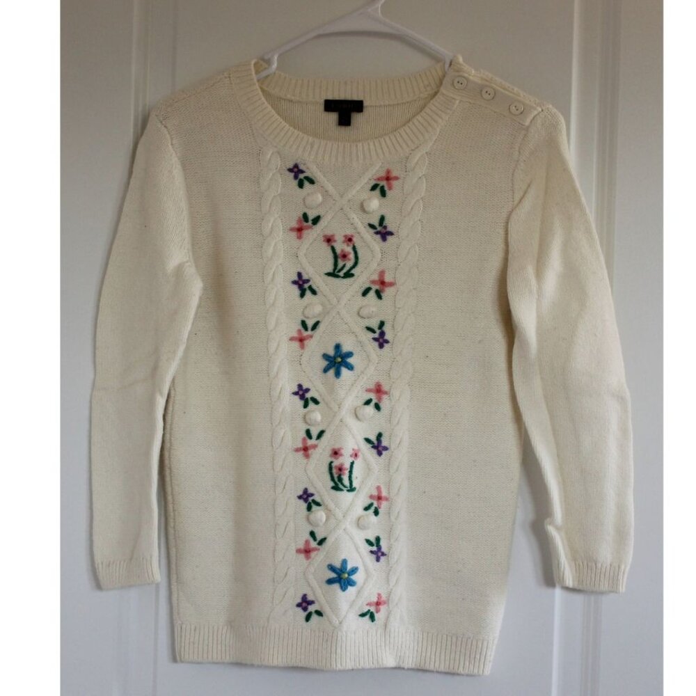Talbots Floral Embroidered Sweater White Cable Knit XS Cottagecore Garden Girl